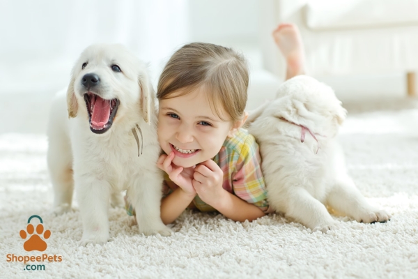 Child gently petting a puppy under adult supervision