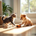 dog and cat sitting near toys.