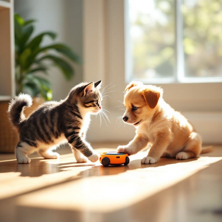 dog and cat sitting near toys.